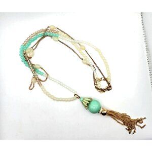 Vintage Glass Lariat Necklace 30" w6" dangle 36" rhinestones and ab crystal